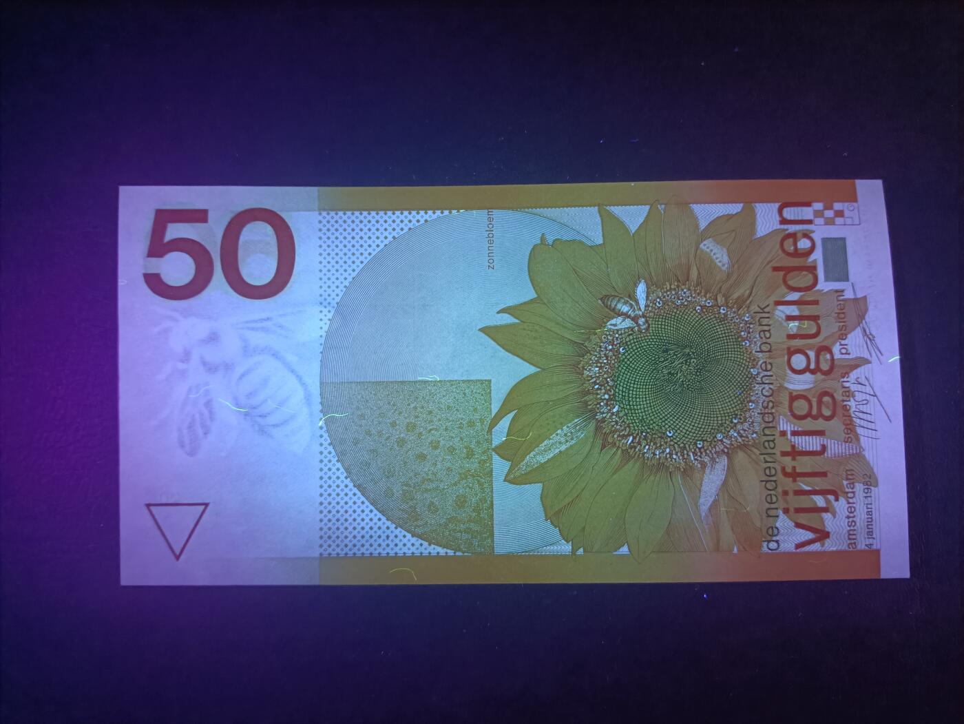 2025十二月第一期，总206期 荷兰1982版50盾UNC-左上角有油印，荷兰盾三剑客之一的向日葵图案
