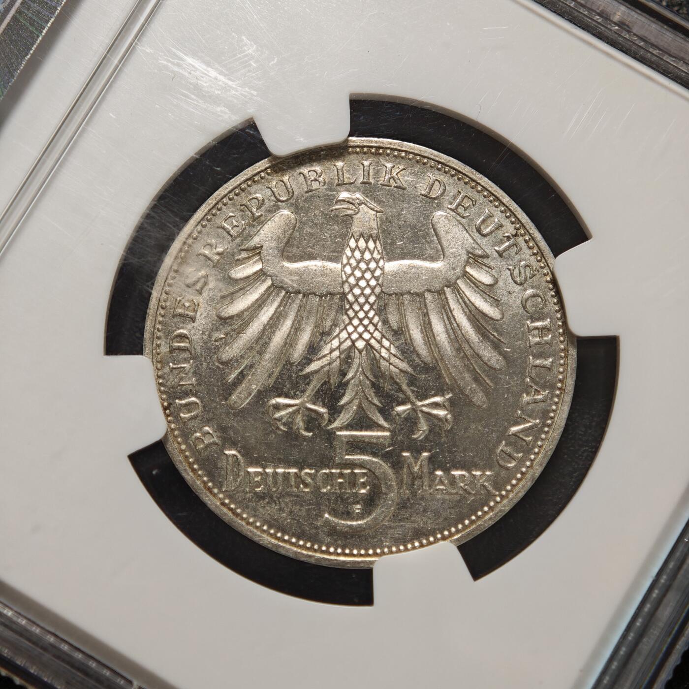 【德藏】世界币章拍卖第156期（拍品征集中~欢迎藏友联系） 1955年 德国诗人席勒逝世150周年5马克纪念银币 NGC MS62 状态极佳 原光十足