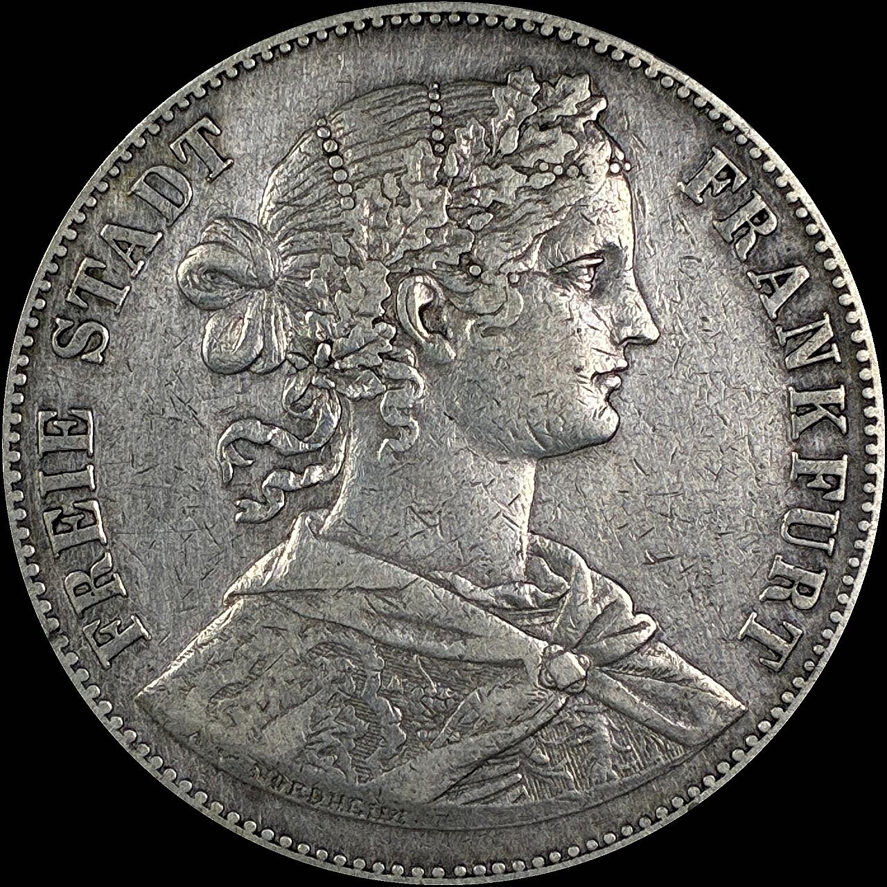 【雨安】【直播拍卖】【世界币章118期-裸币】2025-12-05 周五 19:30 保真 [裸币德国] Germany 德国 德意志 1泰勒 Frankfurt法兰克福 Thun.142 KM#0360 (1859-1860) 法兰克福少女 1860年