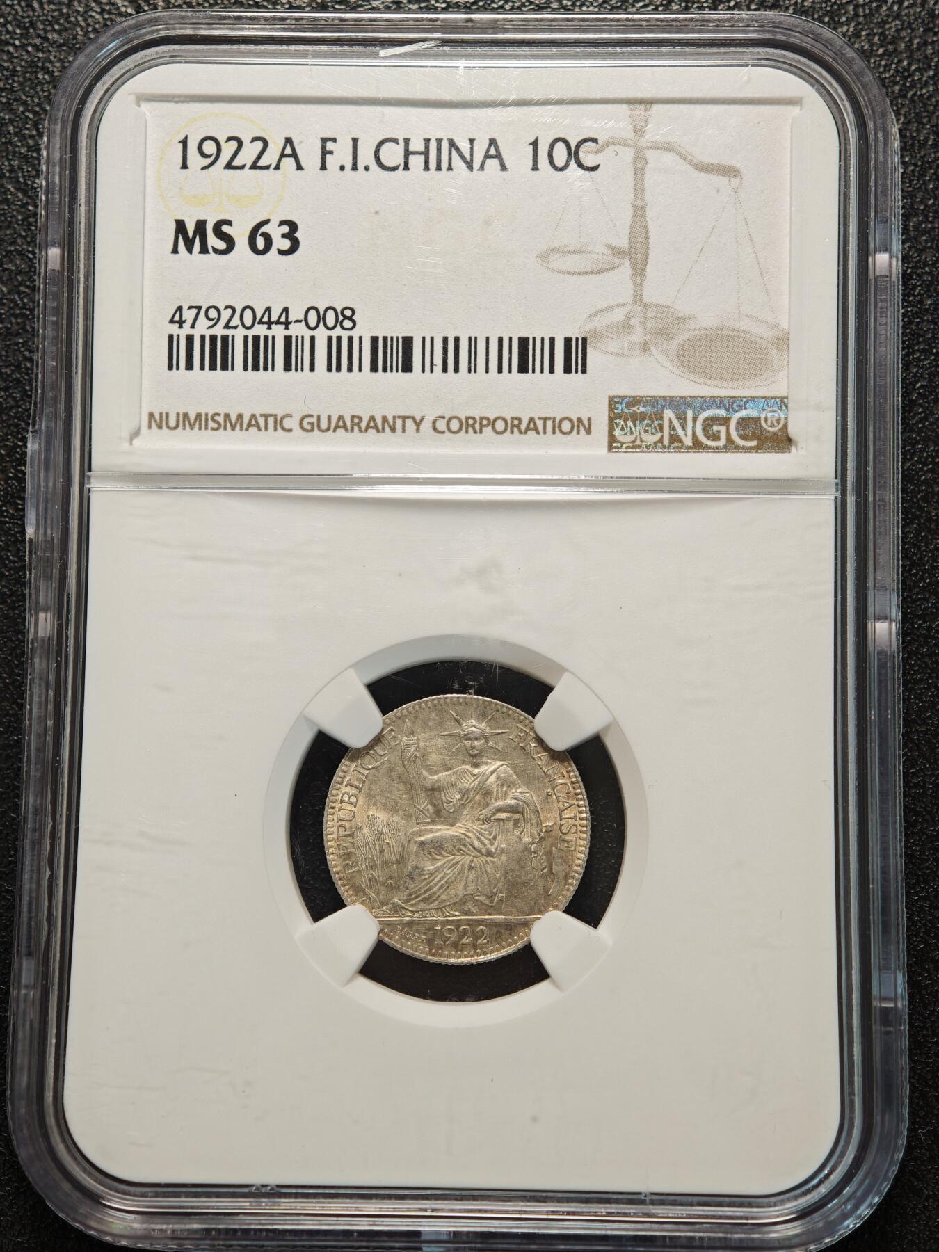 【德藏】世界币章拍卖第156期（拍品征集中~欢迎藏友联系） 1922年 法属印度支那坐洋10分银币 NGC MS63 淡黄油包浆 原光十足