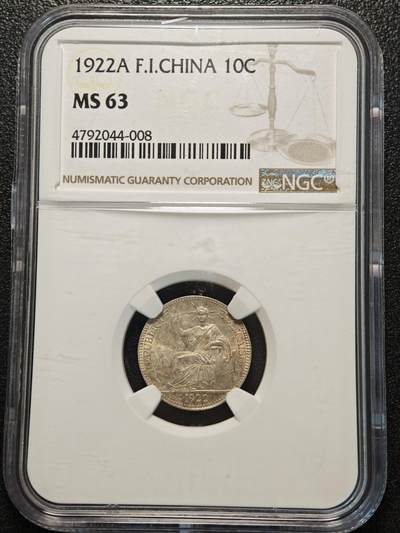 【德藏】世界币章拍卖第156期（拍品征集中~欢迎藏友联系） - 1922年 法属印度支那坐洋10分银币 NGC MS63 淡黄油包浆 原光十足