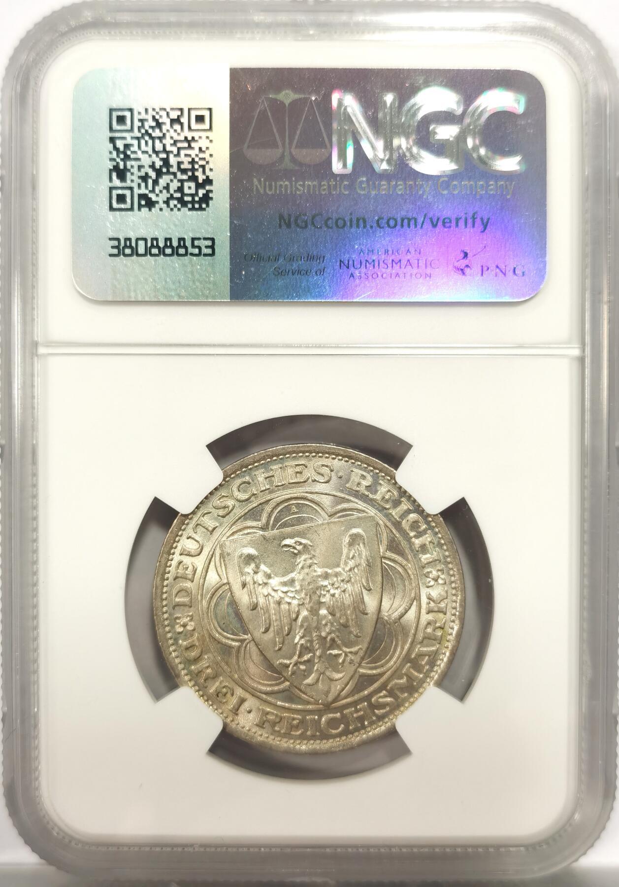 博洋堂世界钱币拍卖第150期（全场包邮） NGC MS64 德国魏玛1931年马格堡3马克银币，淡淡的金色，底板丝滑，状态非常好，稀少的品种。