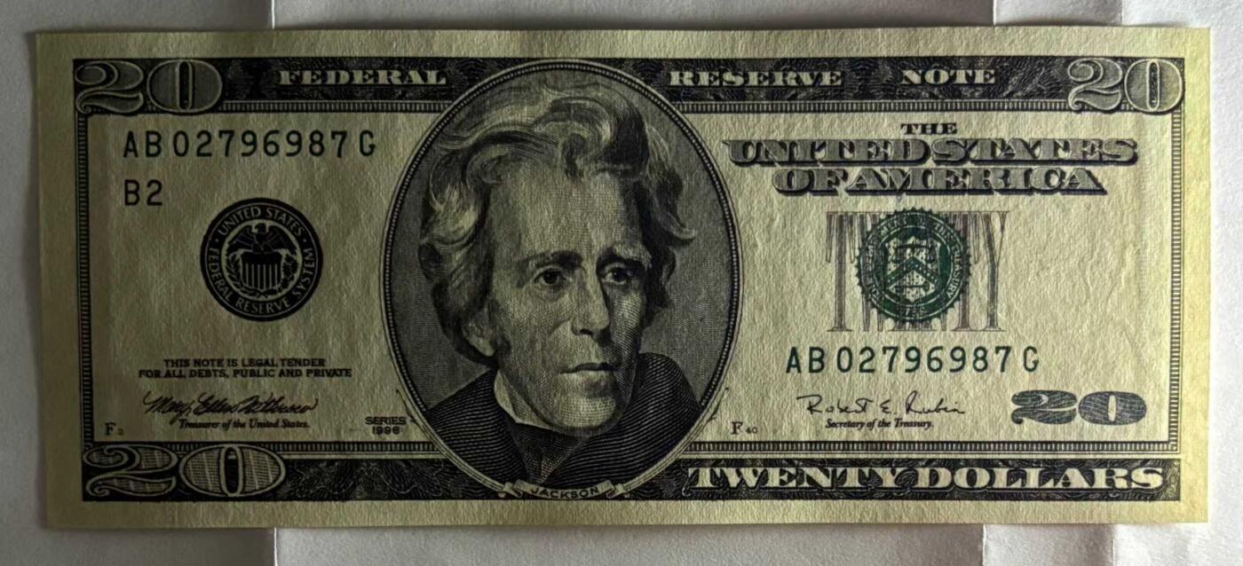 《外钞收藏家》第五百九十一期（畅拍场）（本平台长期征集拍品、欢迎藏友们联系合作） 1996年 大头版 20美元 首发 实物图 号码无4