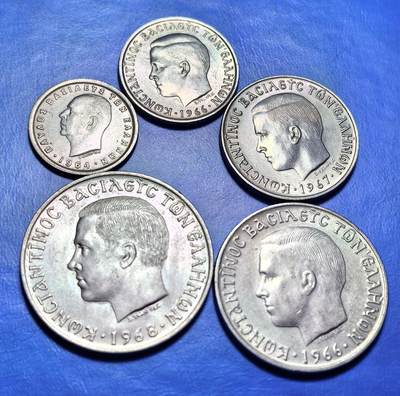 外国优质老铜币银币，周六九点倒数截拍，满百包邮，可寄存半年，喜欢朋友微信扫描二维码可直接参拍 - 希腊1964年-1968年不同面值5枚一套含10德拉克马大币