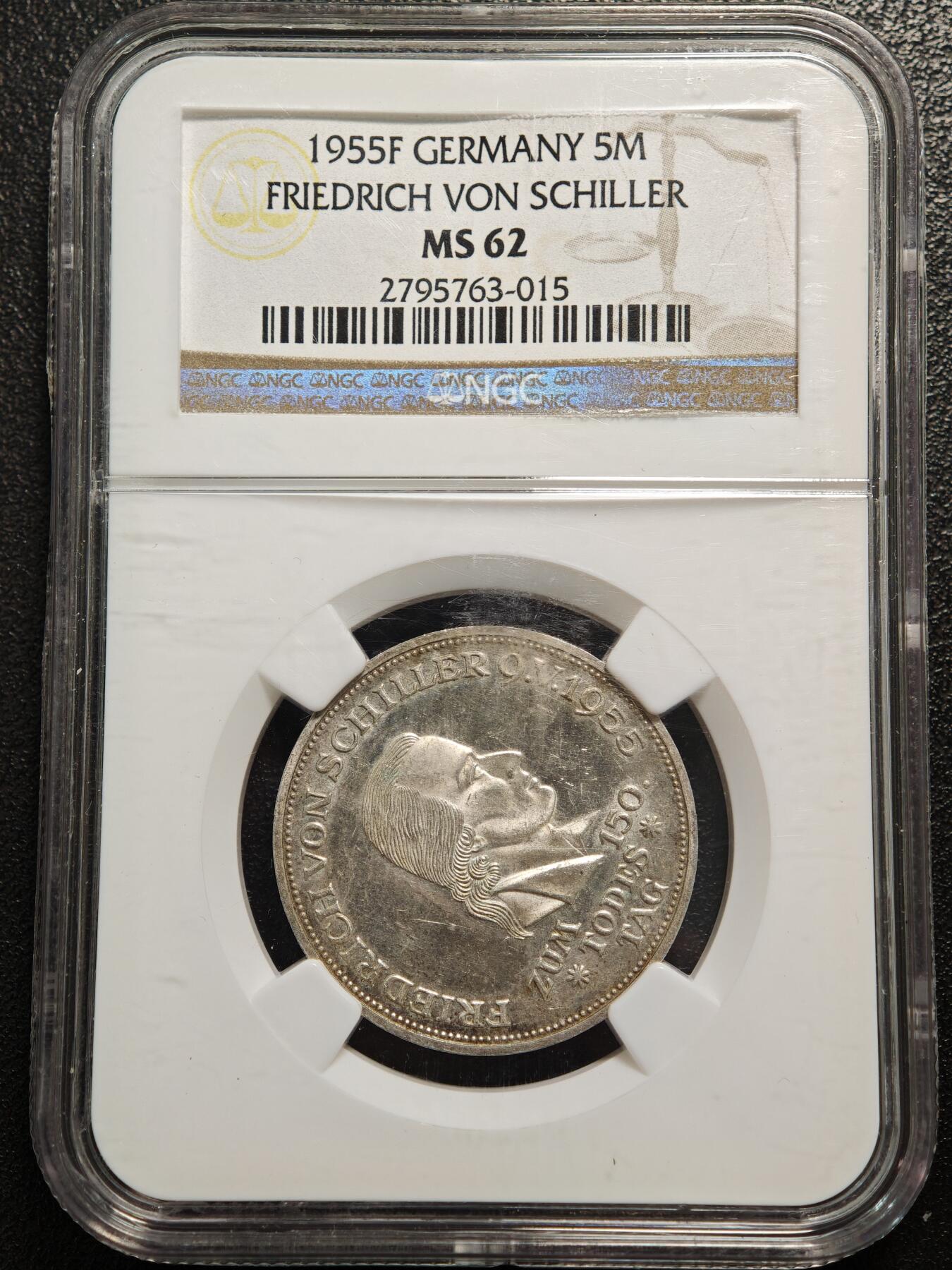 【德藏】世界币章拍卖第156期（拍品征集中~欢迎藏友联系） 1955年 德国诗人席勒逝世150周年5马克纪念银币 NGC MS62 状态极佳 原光十足