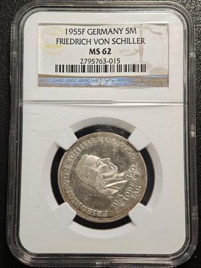 【德藏】世界币章拍卖第156期（拍品征集中~欢迎藏友联系） - 1955年 德国诗人席勒逝世150周年5马克纪念银币 NGC MS62 状态极佳 原光十足