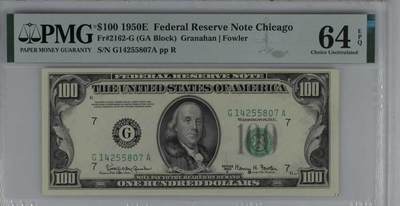 《外钞收藏家》第五百九十一期（畅拍场）（本平台长期征集拍品、欢迎藏友们联系合作） - 1950年 100美元 E编码 发行量稀少 G区芝加哥首发A冠 PMG64EPQ