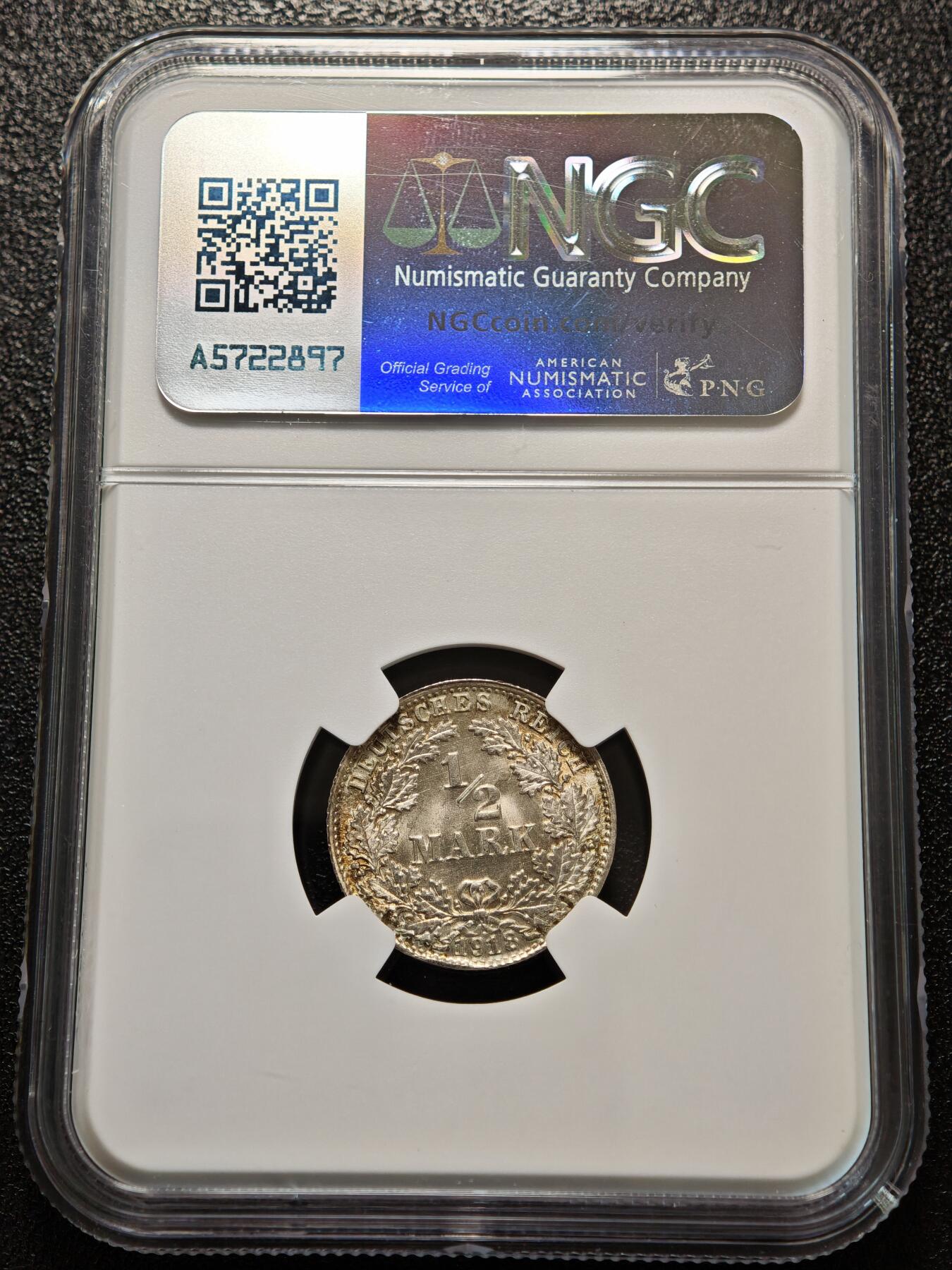 【德藏】世界币章拍卖第156期（拍品征集中~欢迎藏友联系） 1918年 德国1/2马克银币 NGC MS66 淡包浆 转光十足 原光极强