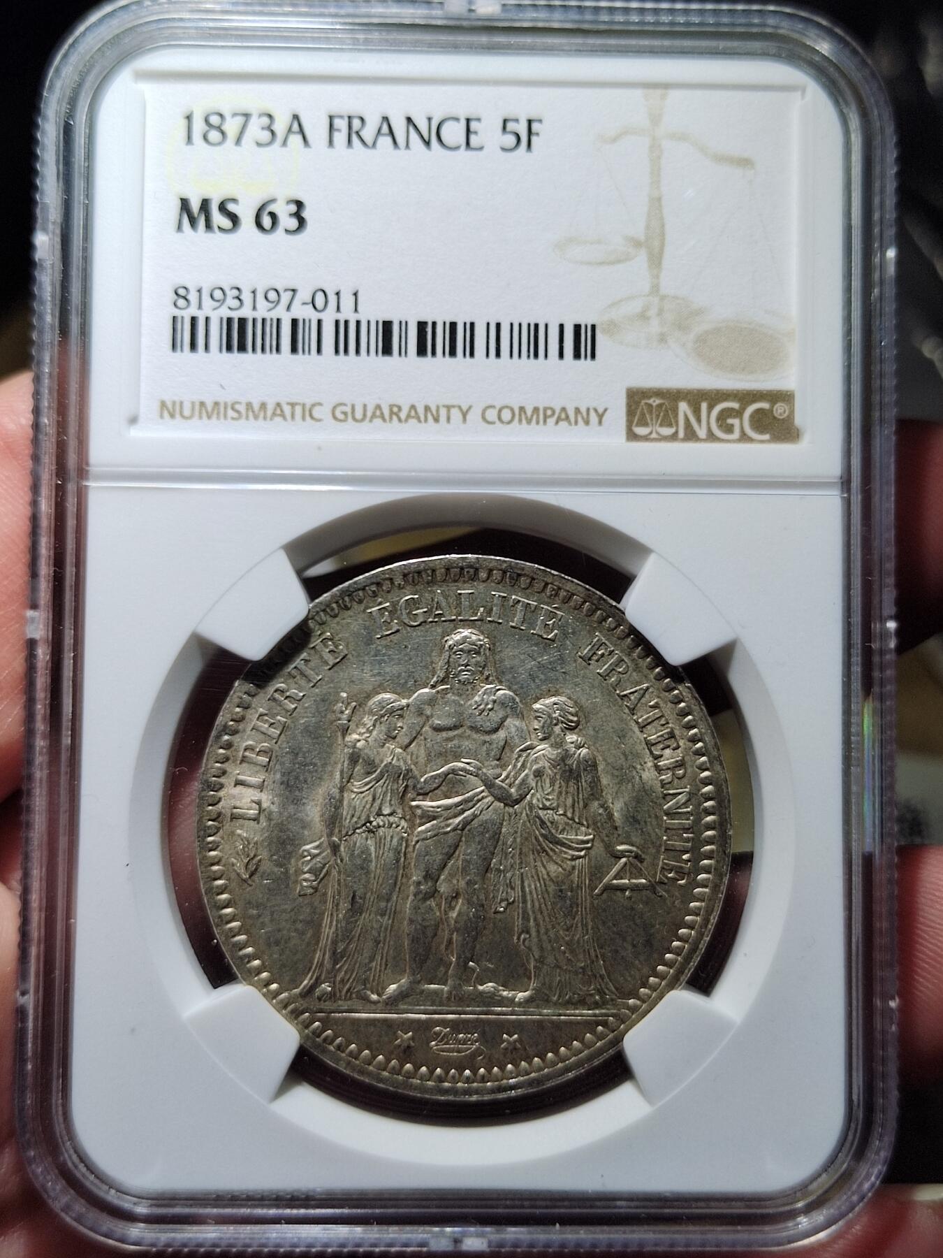中外钱币第六场 NGC-MS63法国大力神1873年5法郎