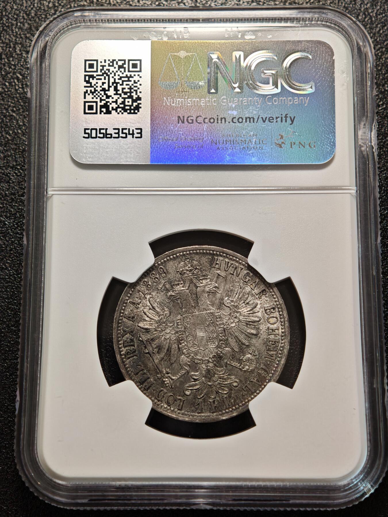 【德藏】世界币章拍卖第156期（拍品征集中~欢迎藏友联系） 1889年 奥地利约瑟夫一世1弗洛林银币 NGC MS64 亚军分 淡彩包浆 原光可见