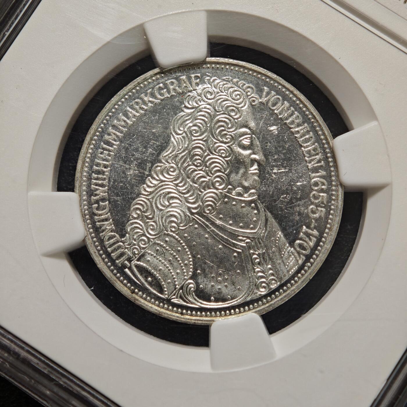 【德藏】世界币章拍卖第156期（拍品征集中~欢迎藏友联系） 1955年 德国巴登边区伯爵路德维希·威廉诞辰300周年5马克纪念银币 NGC MS63 状态极佳 原光十足