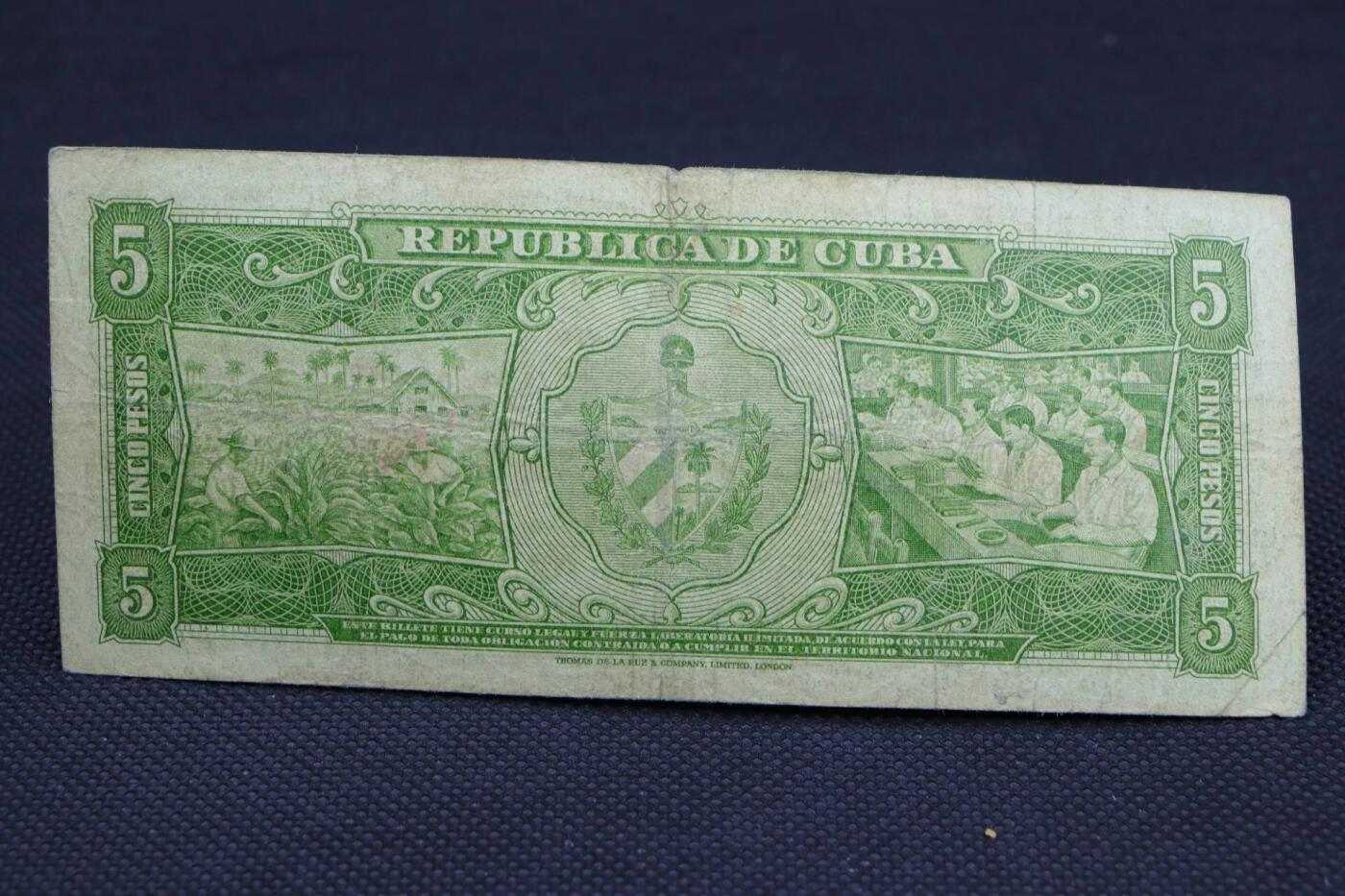 【淘币小摊】限时拍第八百二十一拍  纸币场  满百包邮可预留两周  周一统一发货   古巴1958年5比索纸币【有折】