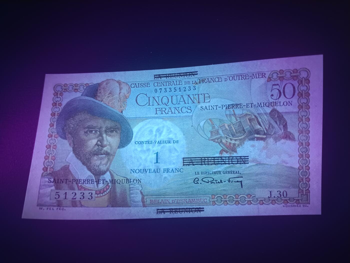 2025十二月第一期，总206期 法属皮埃尔和密克隆1960版1新法郎无47AUNC，在留尼汪钞票上加盖而成，航海家和原住民妇女