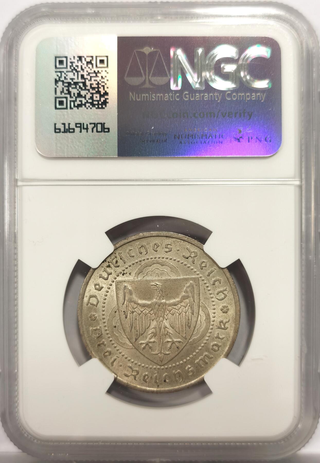 博洋堂世界钱币拍卖第150期（全场包邮） NGC MS64 德国魏玛1930年弗洛尔瓦伊德3马克银币