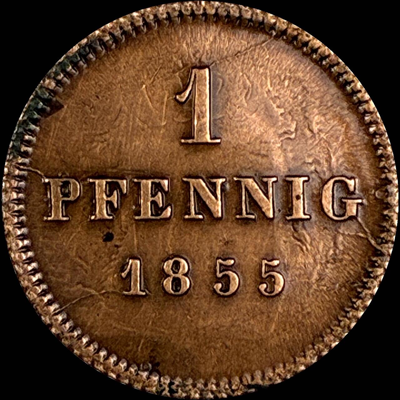 【雨安】【直播拍卖】【世界币章118期-裸币】2025-12-05 周五 19:30 保真 [裸币德国] Germany 德国 德意志 巴伐利亚 1芬尼 1855年