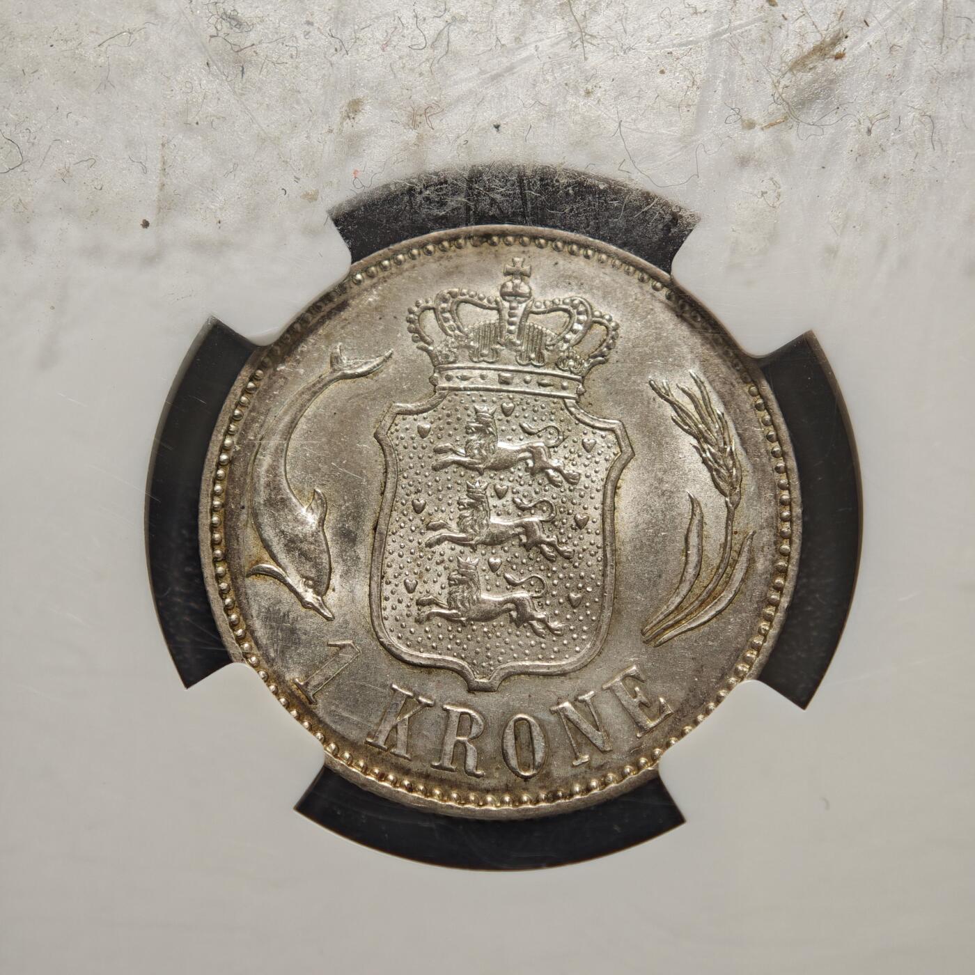 【德藏】世界币章拍卖第156期（拍品征集中~欢迎藏友联系） 1892年 丹麦克里斯蒂安九世1克朗银币 NGC MS63 淡黄油包浆 转光十足