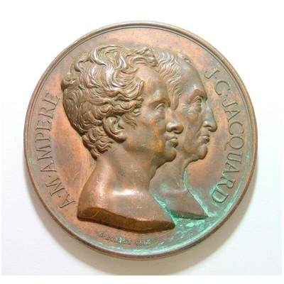 法国1862年 大科学家安培+雅卡尔 高浮雕精制大铜章 55MM - 法国1862年 大科学家安培+雅卡尔 高浮雕精制大铜章 55MM