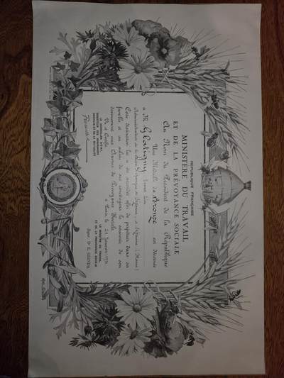 凯旋世界勋赏（第20期）（欢迎送拍）（对拍品有疑问请询问客服，不接受到手刀，出价默认拍品品相。请认真阅读拍卖规则！出价默认已认可！）（收到货请录制开箱视频，无视频概不处理问题。） - 法国社会福利部（Ministère du Travail et de la Prévoyance Sociale）颁发的文件