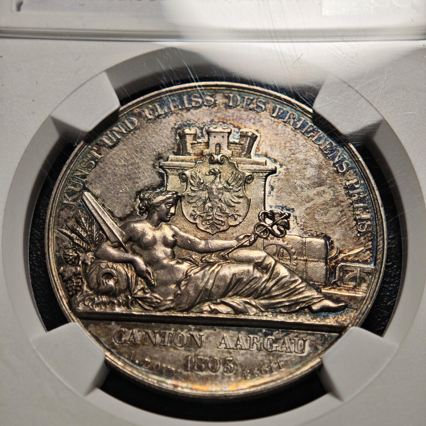 【德藏】世界币章拍卖第156期（拍品征集中~欢迎藏友联系） 1849年 瑞士阿尔高阿劳射击节纪念银章 NGC UNC 细节丰富且细腻 设计感极强
