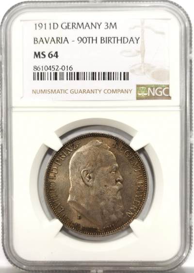 博洋堂世界钱币拍卖第150期（全场包邮） - NGC MS64 德国巴伐利亚1911D利奥波德90大寿3马克，包浆美品，包浆好的64比较少见