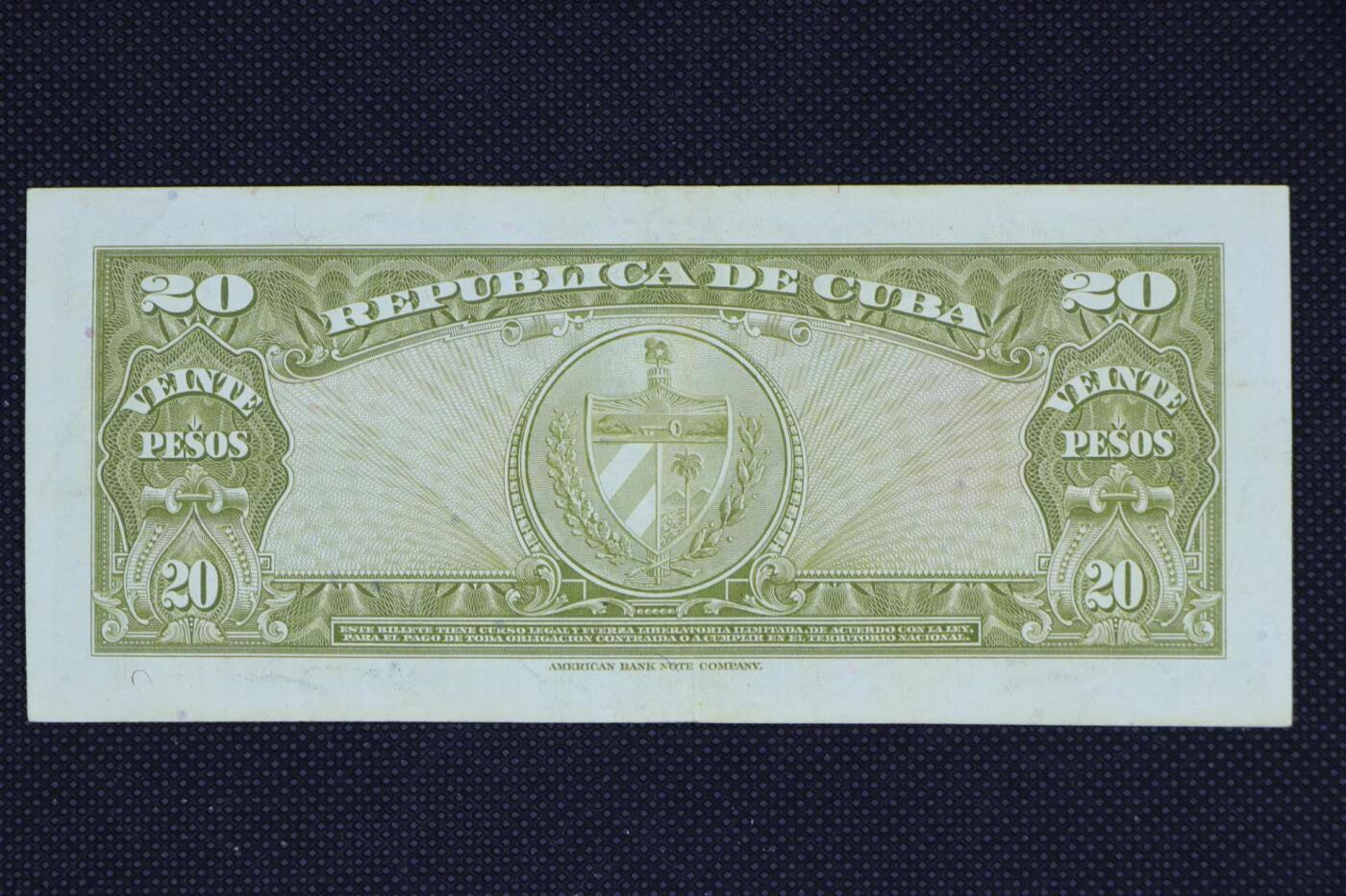 【淘币小摊】限时拍第八百二十一拍  纸币场  满百包邮可预留两周  周一统一发货    古巴1949年20比索纸币【有折】