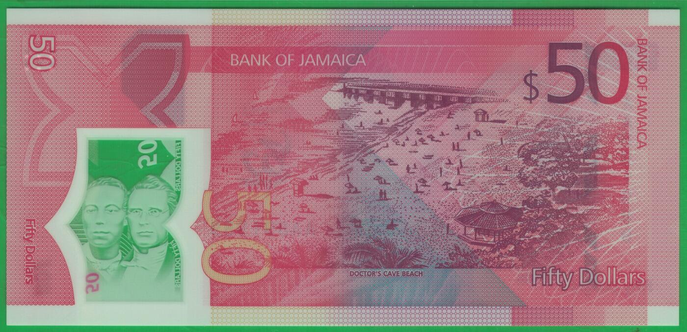 牙买加2022年50元 AA冠 塑料纪念钞 数三 朦胧号 倒置号 实物图 UNC