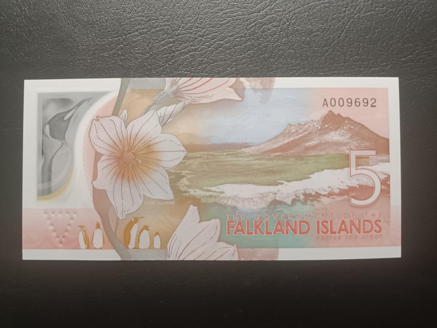 2025十二月第一期，总206期 【日】福克兰群岛2025年5镑UNC 查尔斯头像 A冠无3457朦胧号 千位小号