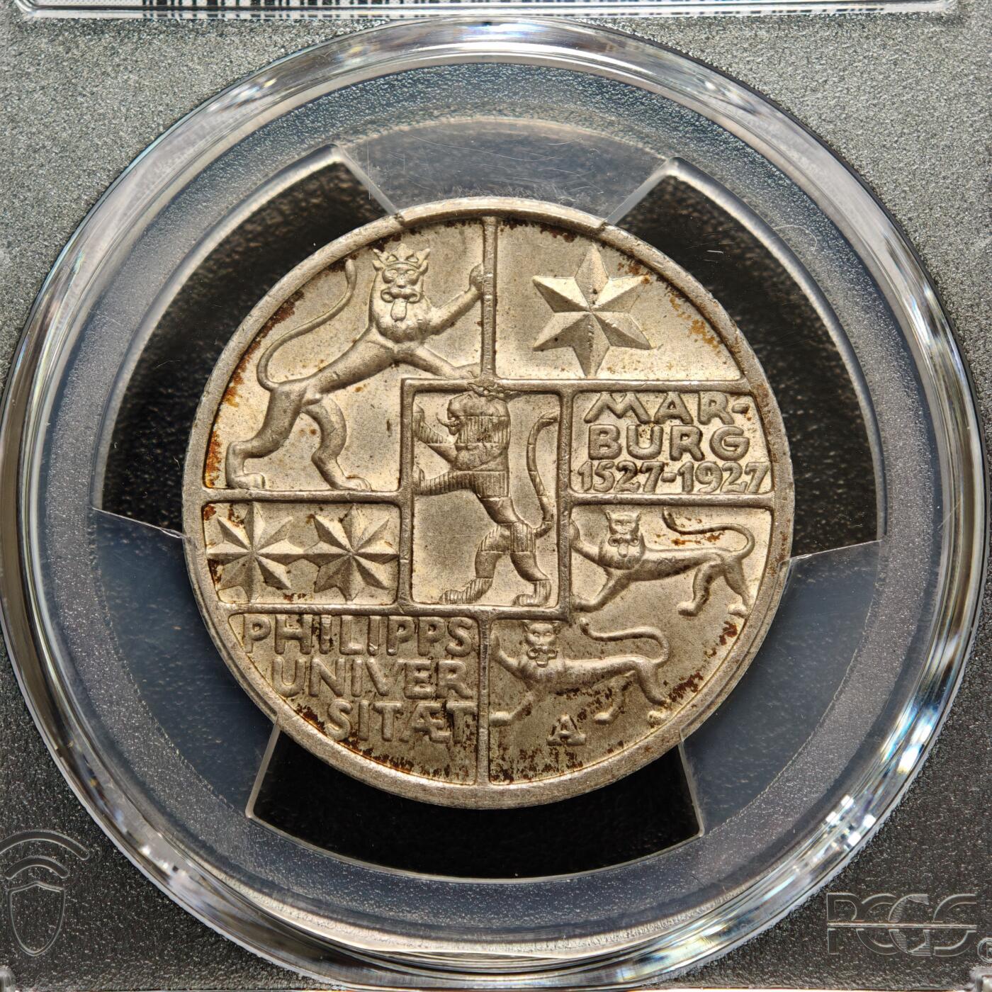 【德藏】世界币章拍卖第156期（拍品征集中~欢迎藏友联系） 1927年 德国魏玛马尔堡菲利普大学400周年3马克纪念银币 PCGS MS65 黄油包浆 状态极好