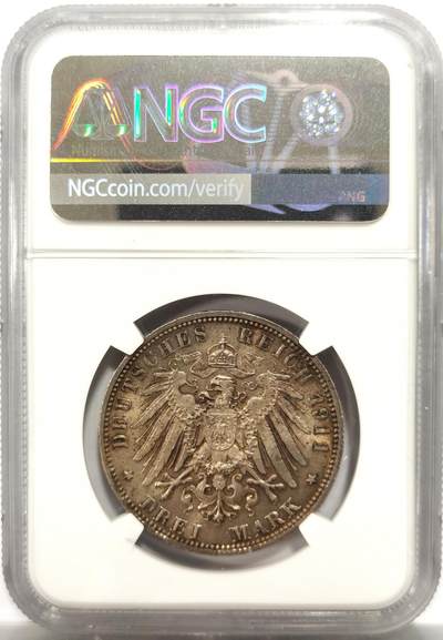 博洋堂世界钱币拍卖第150期（全场包邮） NGC MS64 德国巴伐利亚1911D利奥波德90大寿3马克，包浆美品，包浆好的64比较少见