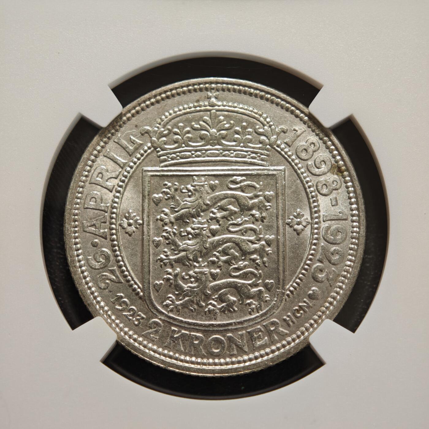 【德藏】世界币章拍卖第156期（拍品征集中~欢迎藏友联系） 1923年 丹麦克里斯蒂安十世与亚历山德琳·奥古斯特女公爵结婚25周年2克朗纪念银币 NGC MS65 状态极佳 原光十足