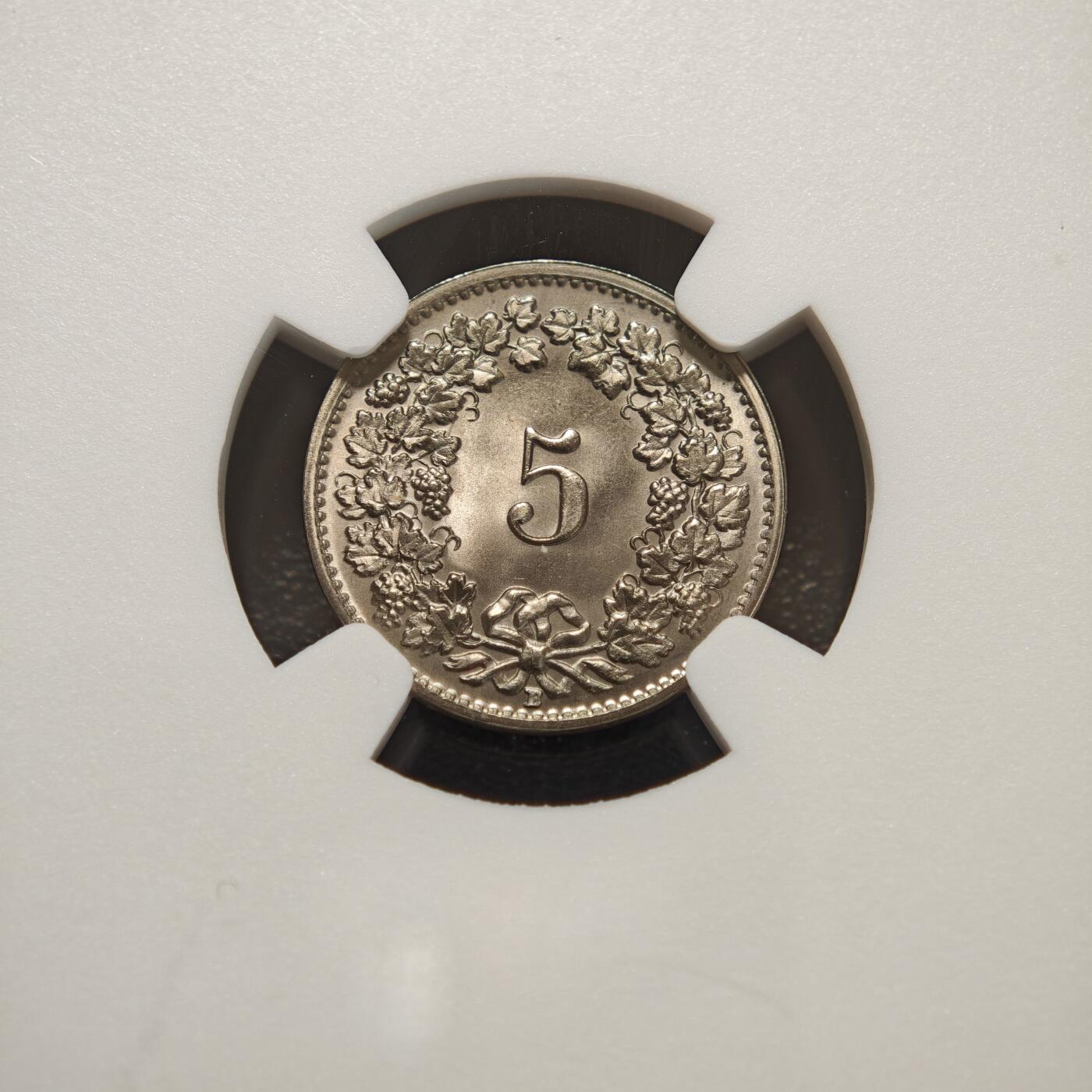 【德藏】世界币章拍卖第156期（拍品征集中~欢迎藏友联系） 冠军分！1953年 瑞士5生丁海尔维蒂女神镍币 NGC MS67 原光极强