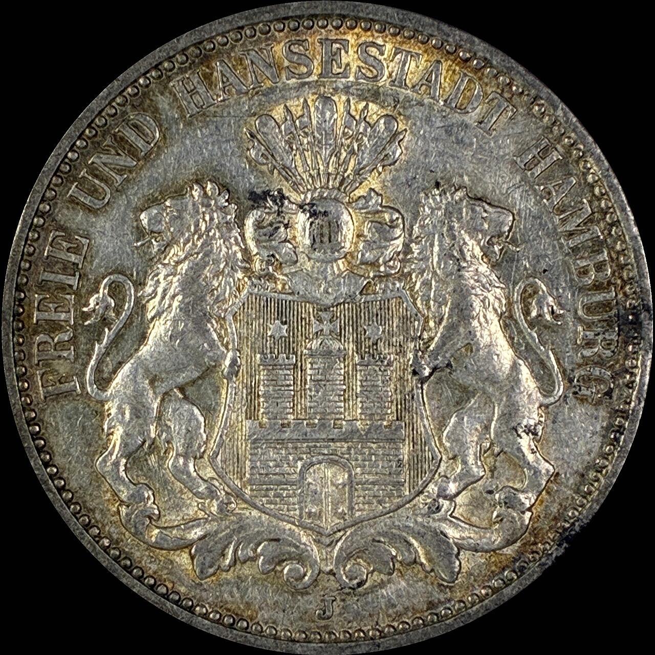 【雨安】【直播拍卖】【世界币章118期-裸币】2025-12-05 周五 19:30 保真 [裸币德国] Germany 德国 帝国 汉堡 3马克 1911年