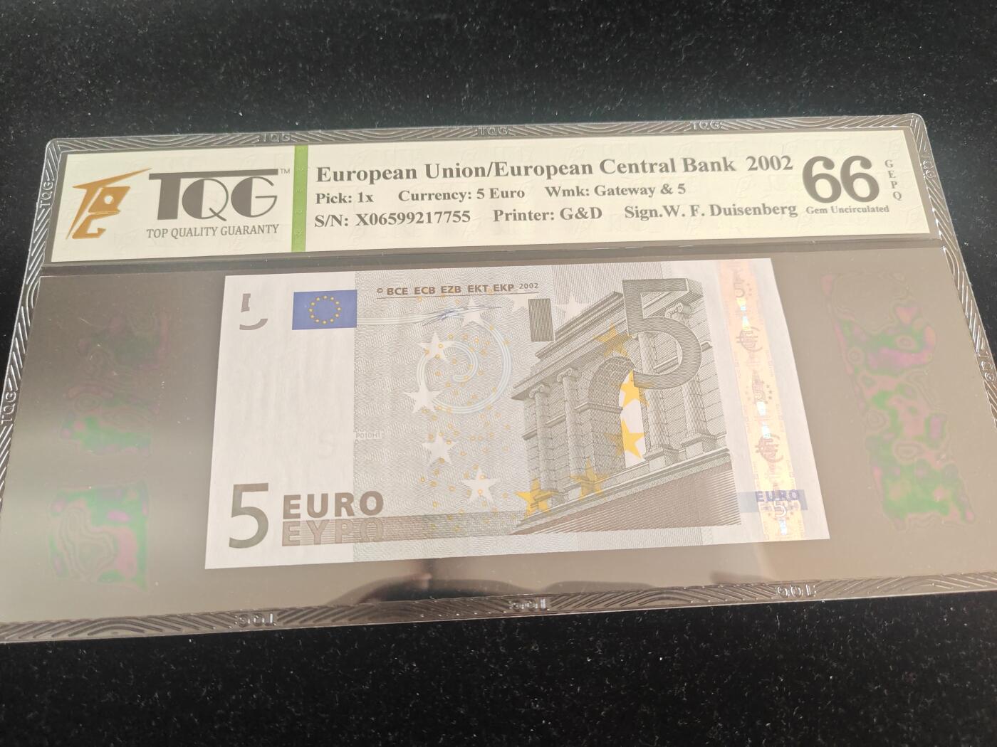 欧盟纸币 2002版 一签 5欧元 无4 靓号  全新UNC  TQG评级66分 （马来西亚评级公司 严格评审 国际认可度高）