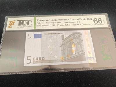 欧盟纸币 2002版 一签 5欧元 无4 靓号  全新UNC  TQG评级66分 （马来西亚评级公司 严格评审 国际认可度高） - 欧盟纸币 2002版 一签 5欧元 无4 靓号  全新UNC  TQG评级66分 （马来西亚评级公司 严格评审 国际认可度高）