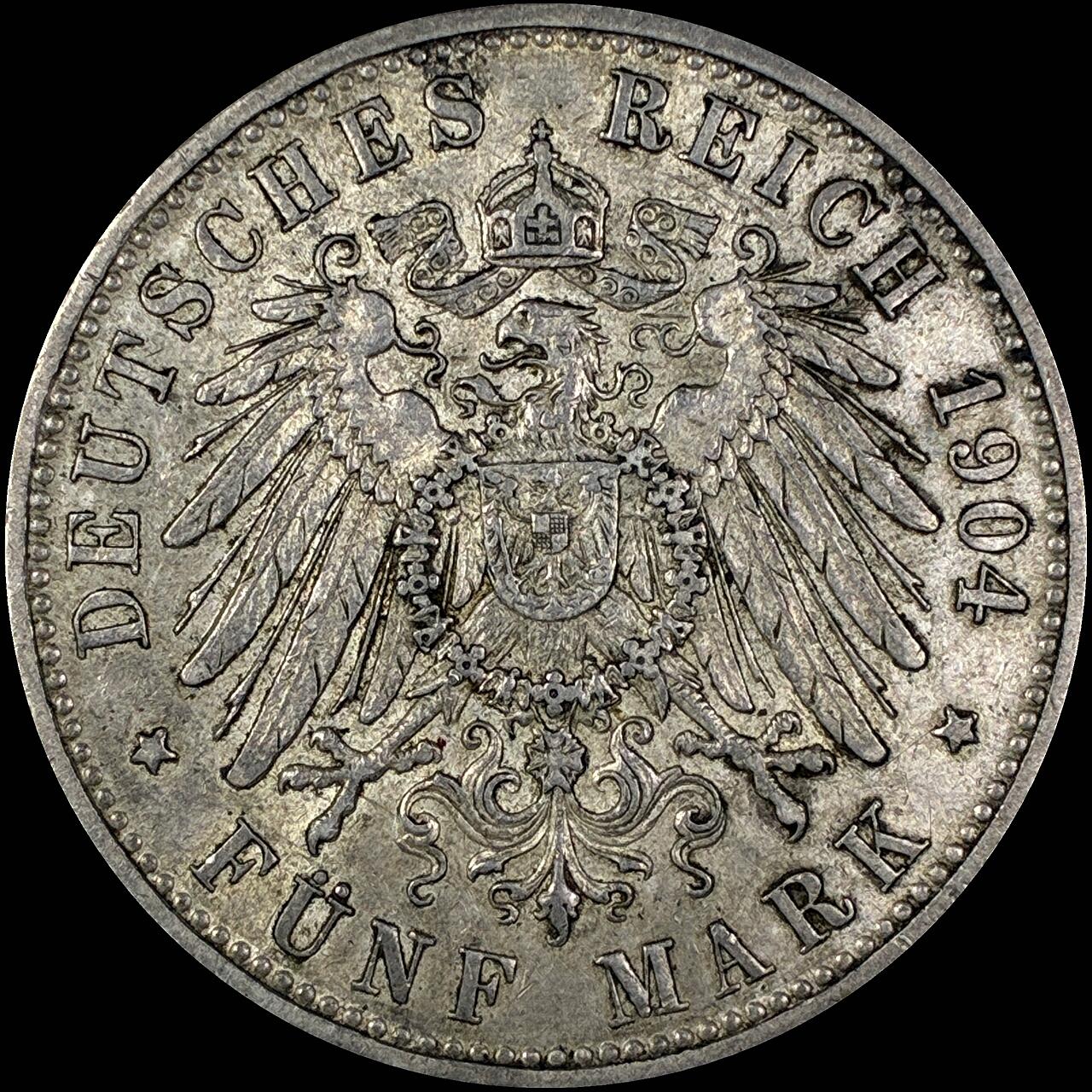 【雨安】【直播拍卖】【世界币章118期-裸币】2025-12-05 周五 19:30 保真 [裸币德国] Germany 德国 帝国 巴伐利亚 5马克 奥托 1904年