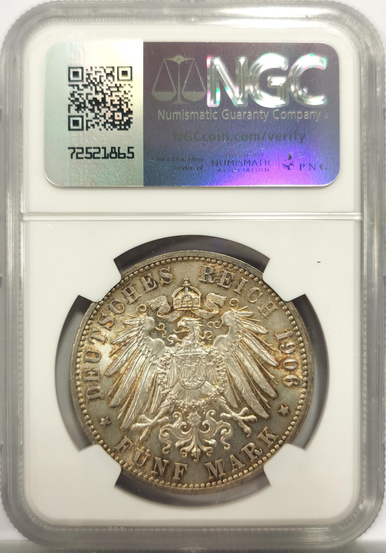 博洋堂世界钱币拍卖第150期（全场包邮） NGC MS65 德国巴登1906年金婚5马克银币，环彩