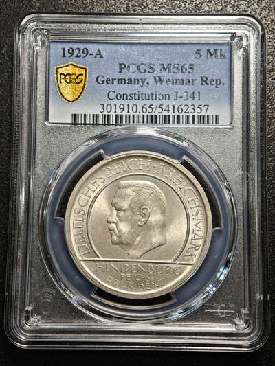 【德藏】世界币章拍卖第156期（拍品征集中~欢迎藏友联系） - 1929年 德国魏玛宪法兴登堡3马克银币 PCGS MS65 原光犀利 转光十足