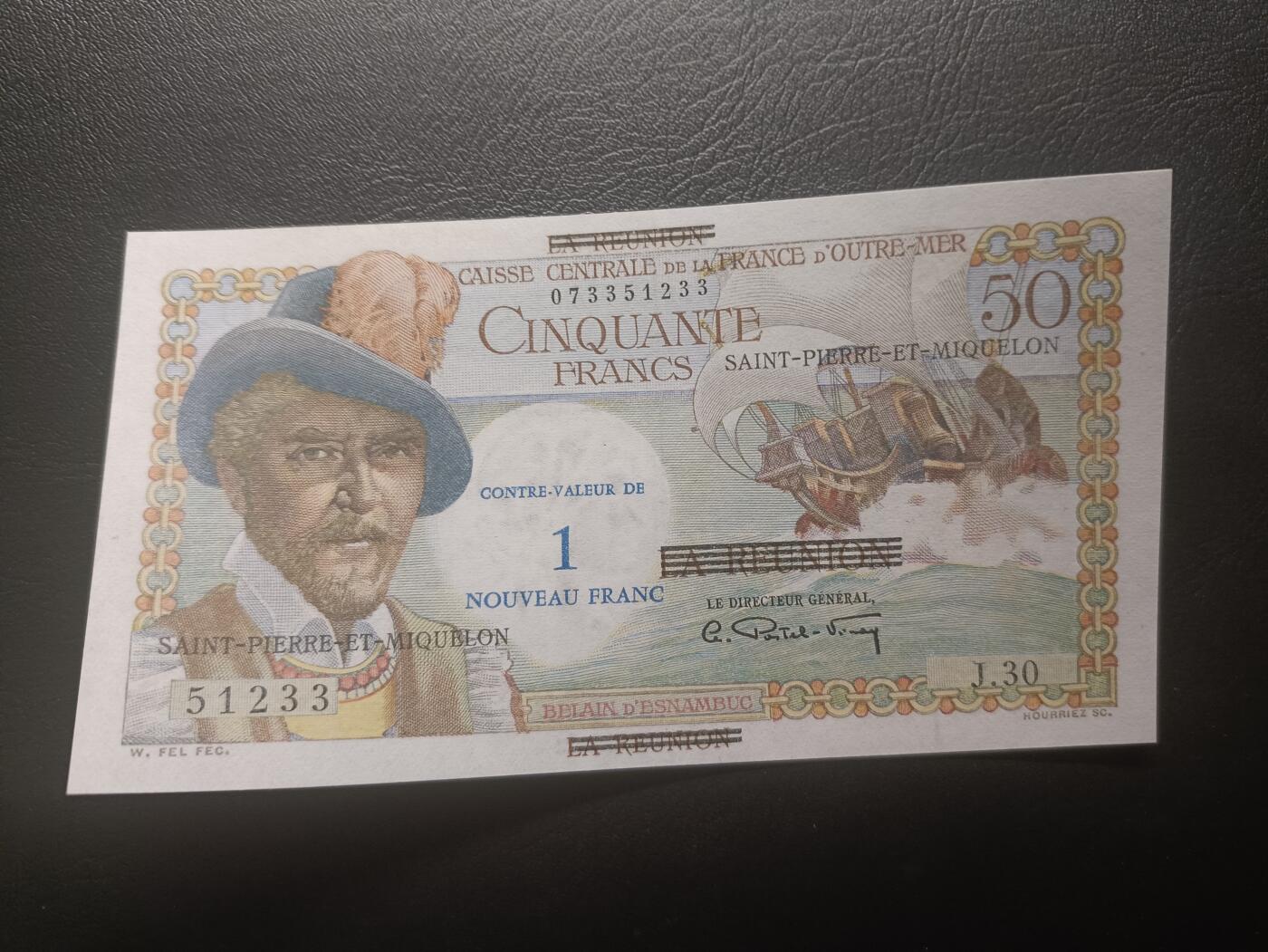 2025十二月第一期，总206期 法属皮埃尔和密克隆1960版1新法郎无47AUNC，在留尼汪钞票上加盖而成，航海家和原住民妇女