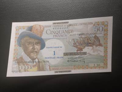 2025十二月第一期，总206期 - 法属皮埃尔和密克隆1960版1新法郎无47AUNC，在留尼汪钞票上加盖而成，航海家和原住民妇女