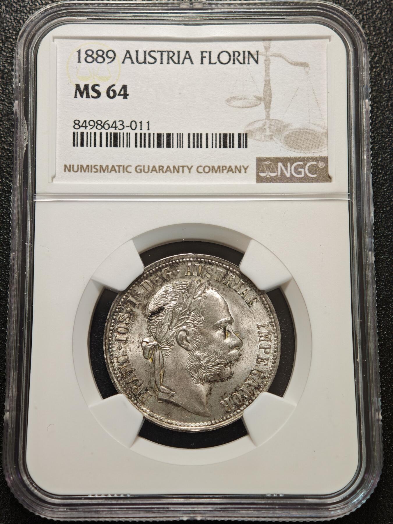 【德藏】世界币章拍卖第156期（拍品征集中~欢迎藏友联系） 1889年 奥地利约瑟夫一世1弗洛林银币 NGC MS64 亚军分 淡彩包浆 原光可见
