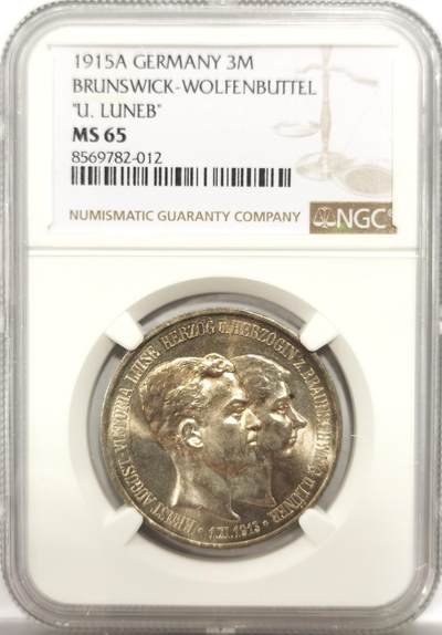博洋堂世界钱币拍卖第150期（全场包邮） NGC MS65 德国布伦瑞克-沃尔芬布赫尔1915年结婚3马克银币，顶级品相，非常少的品种，Top！