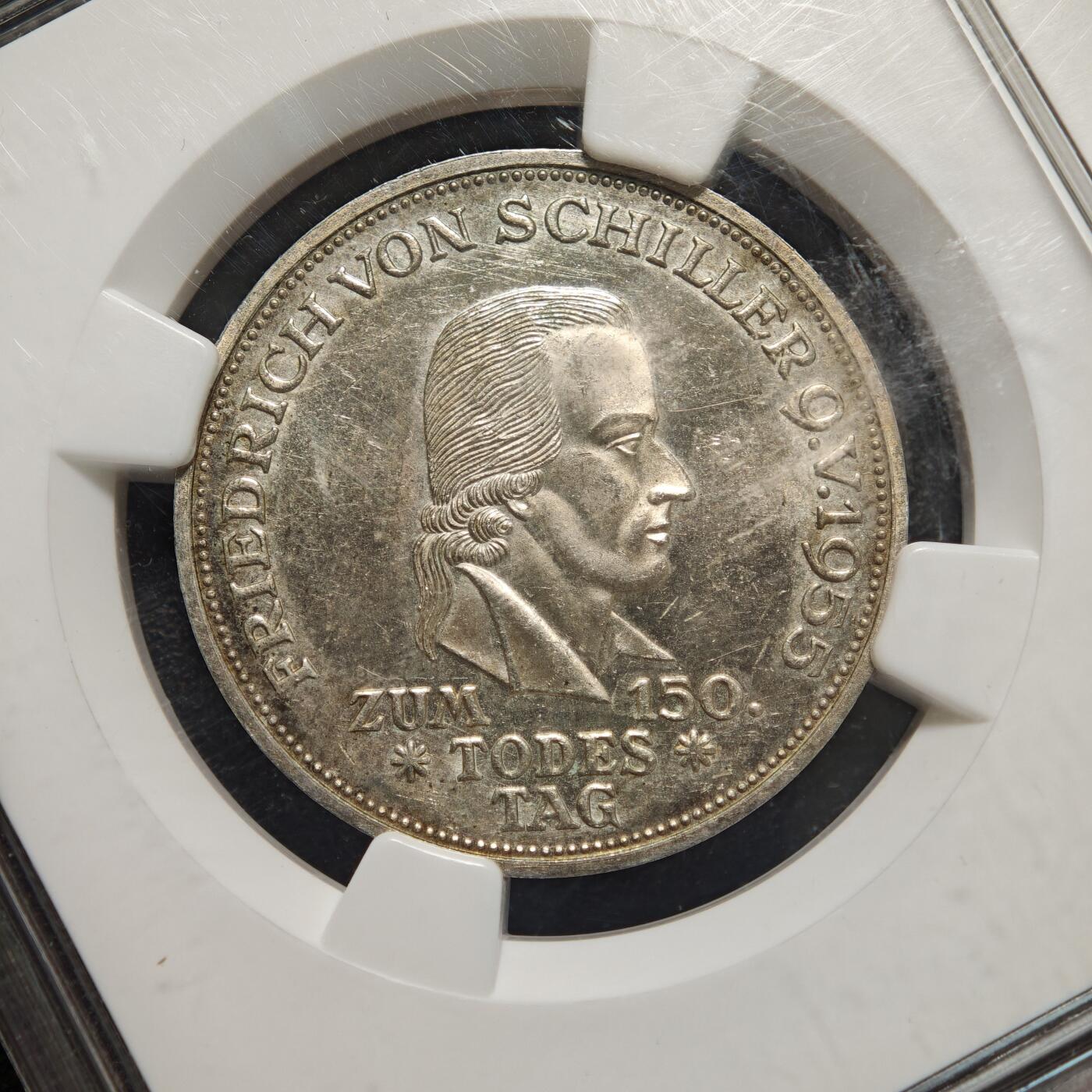 【德藏】世界币章拍卖第156期（拍品征集中~欢迎藏友联系） 1955年 德国诗人席勒逝世150周年5马克纪念银币 NGC MS62 状态极佳 原光十足