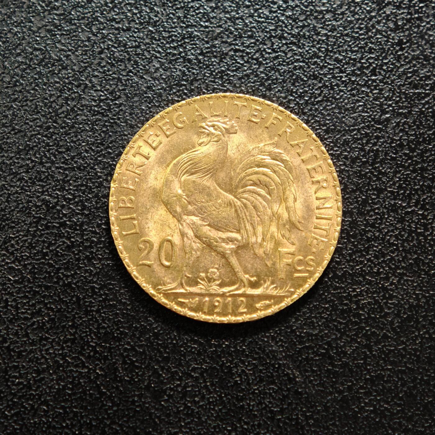 【德藏】世界币章拍卖第156期（拍品征集中~欢迎藏友联系） 1912年 法国第三共和国20法郎金币 900金 原光十足 直径约：21mm；重约：6.4g