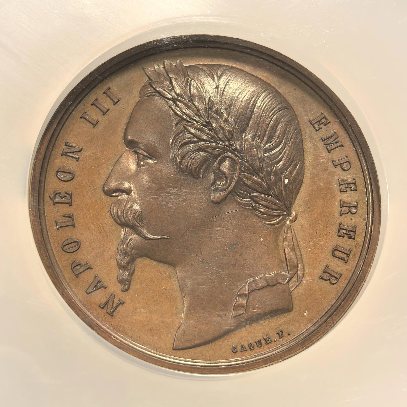 博洋堂世界钱币拍卖第150期（全场包邮） NGC MS64 拿破仑三世1862年伦敦农业博览会纪念铜章，73.2克，50mm大尺寸超大盒，正面拿破仑三世皇帝头像，背面为博览会法文，雕刻精美，高分不易。