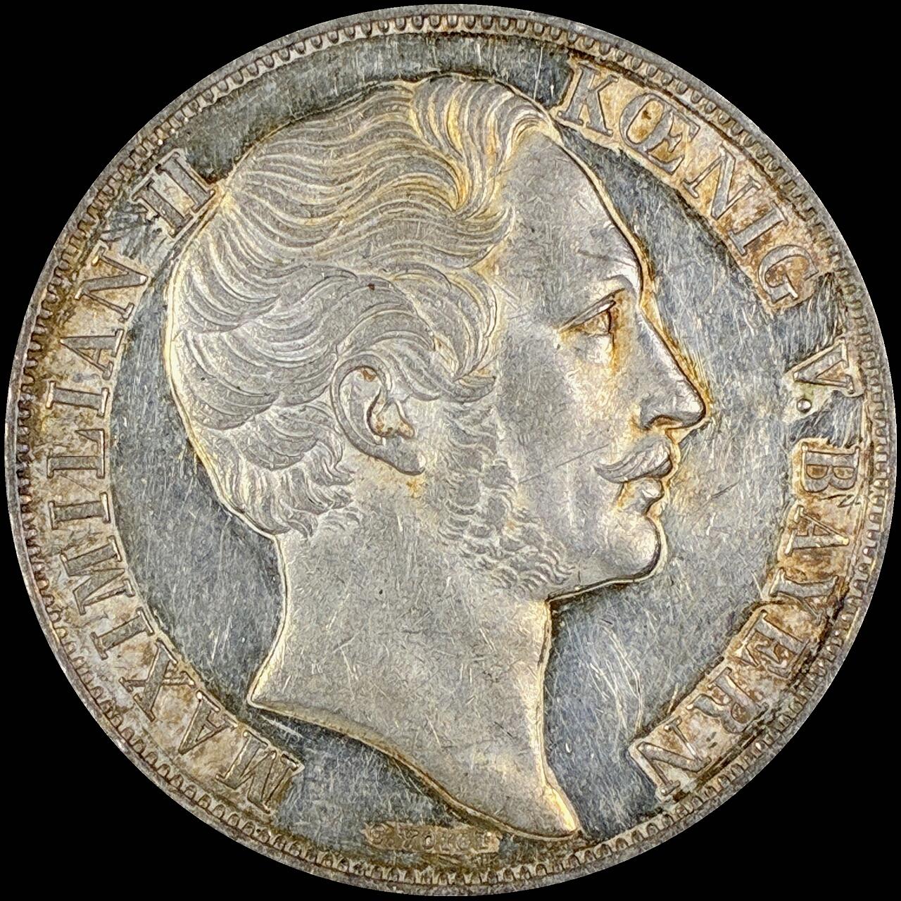 【雨安】【直播拍卖】【世界币章118期-裸币】2025-12-05 周五 19:30 保真 [裸币德国] Germany 德国 德意志 2盾 Bavaria巴伐利亚 Thun.090 KM#0828 (1848-1856) 马克西米利安二世.双狮 1856年 边有伤