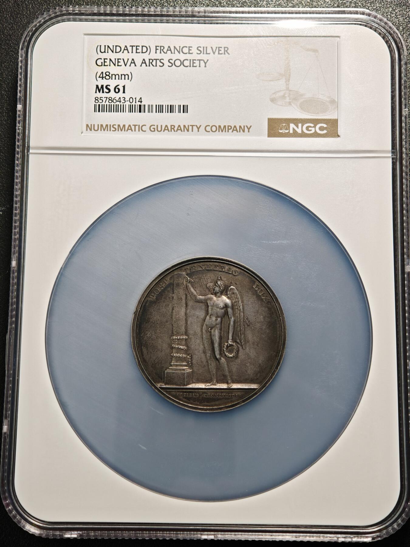 【德藏】世界币章拍卖第156期（拍品征集中~欢迎藏友联系） 18**年 瑞士日内瓦艺术协会奖章48mm纪念大银章 NGC MS61 原味深彩包浆 状态极佳