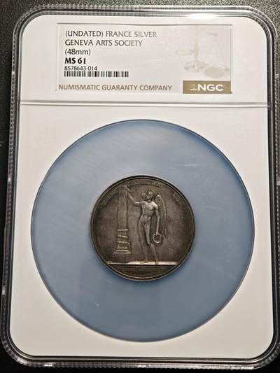 【德藏】世界币章拍卖第156期（拍品征集中~欢迎藏友联系） - 18**年 瑞士日内瓦艺术协会奖章48mm纪念大银章 NGC MS61 原味深彩包浆 状态极佳