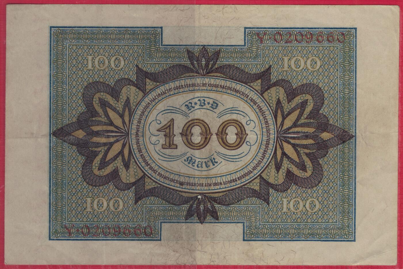 德国1920年100马克 P-69b 加盖字母V 8位号码(无4 双尾88) 实物图 八五品