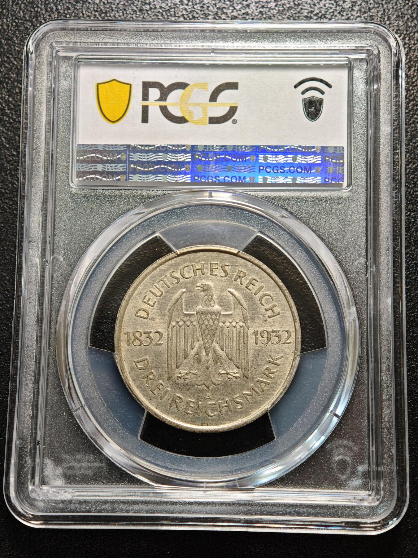 【德藏】世界币章拍卖第156期（拍品征集中~欢迎藏友联系） 1932年 德国魏玛歌德逝世百年3马克纪念银币 PCGS MS63 淡黄油包浆 状态极佳