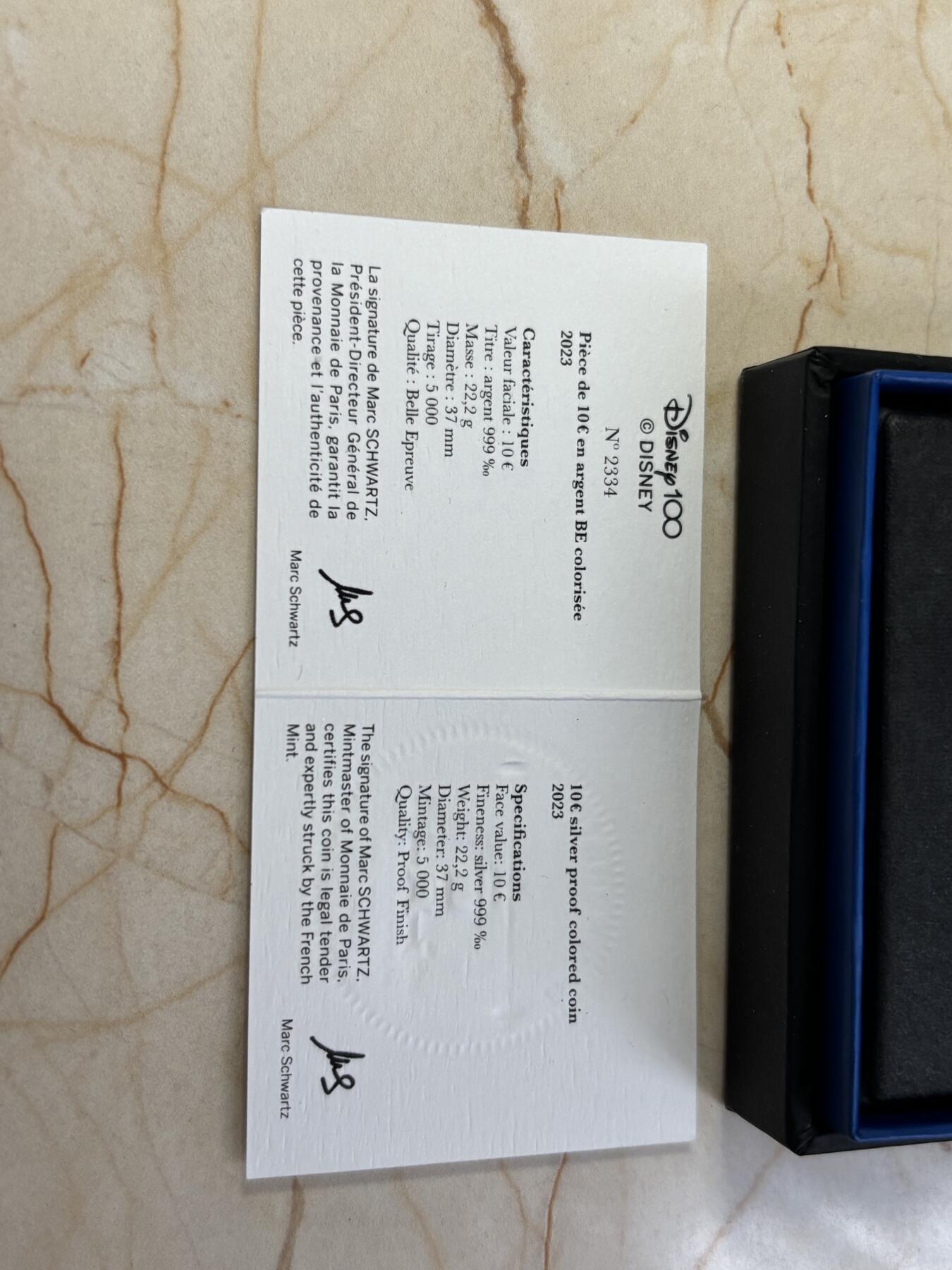 第184期拍卖 法国2023年迪士尼米老鼠和唐老鸭诞生100年彩银币，999银，22.2克，发行5000枚